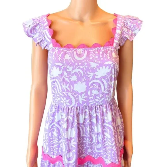 Pink City Prints Xanthe Dress Medium NWT Lilac Begonia Print Ruffle Rickrack - Picture 6 of 10